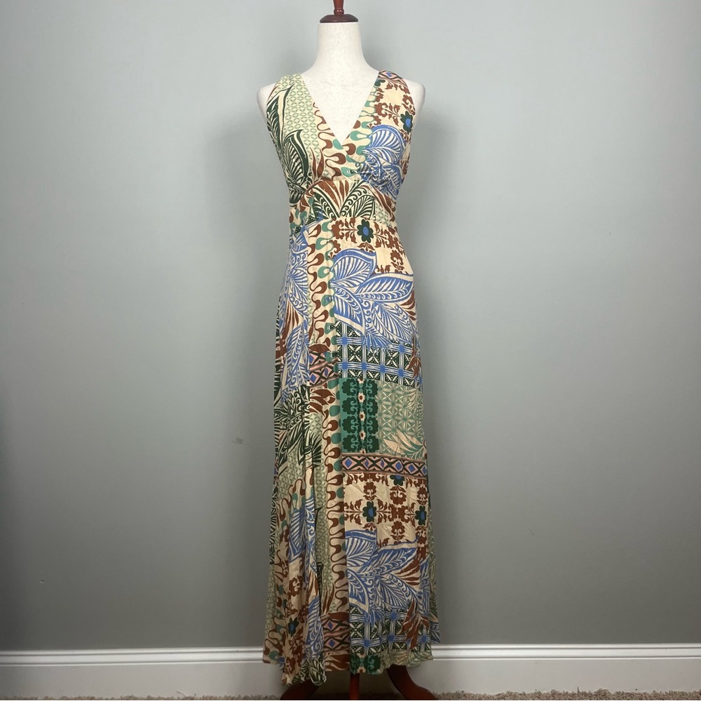 NWT Vince Camuto Green and Brown Patchwork Maxi Dress Halter‎ T Back SZ L